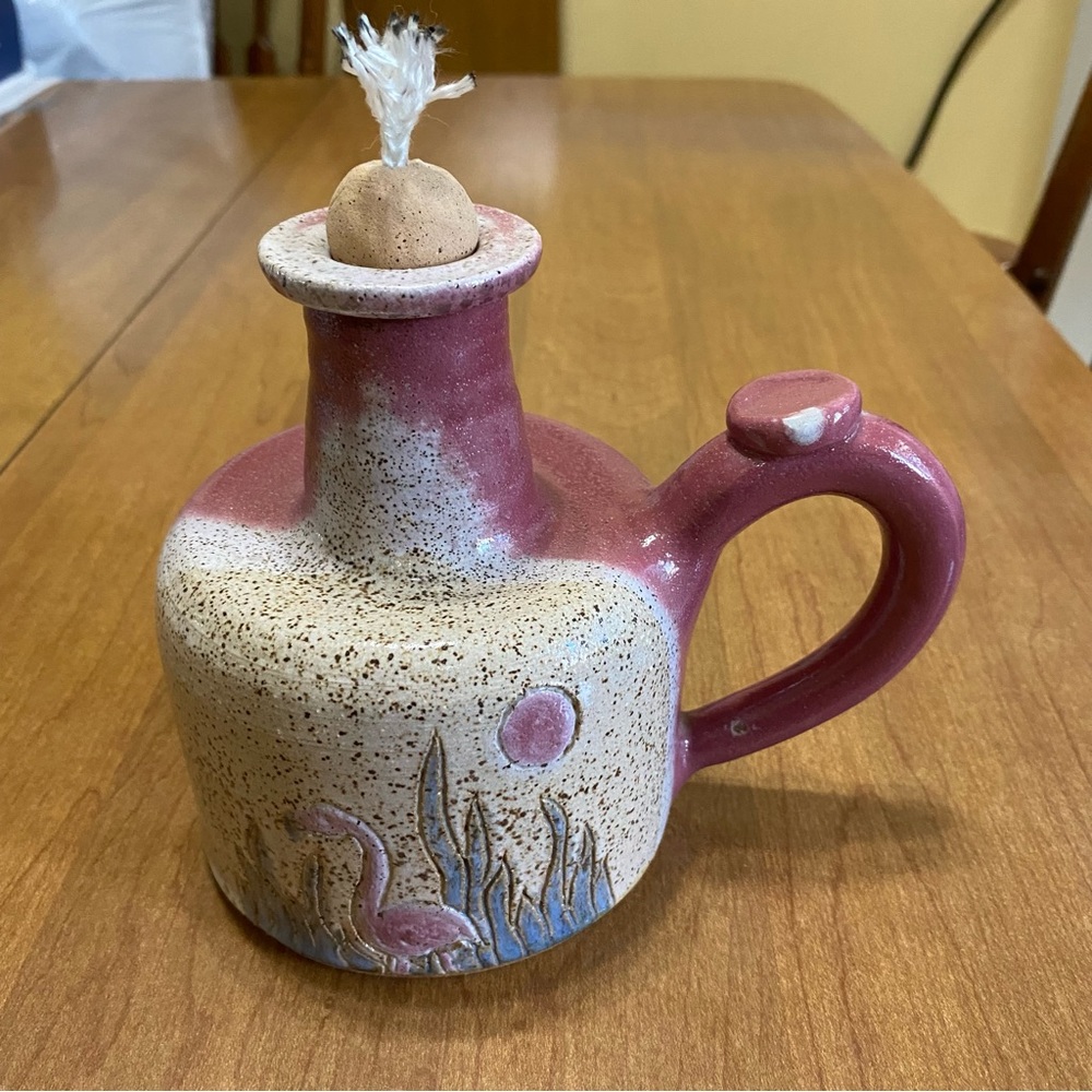 Vintage Pink Flamingo glazed terracotta/stoneware oil lamp